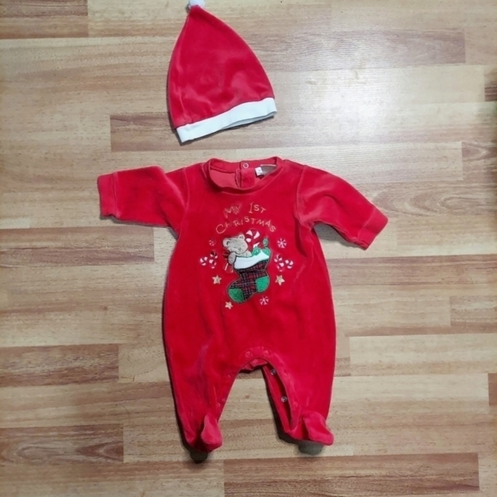 Vintage Baby's 1st First Christmas Outfit Sleeper + Hat Sz 3 Months